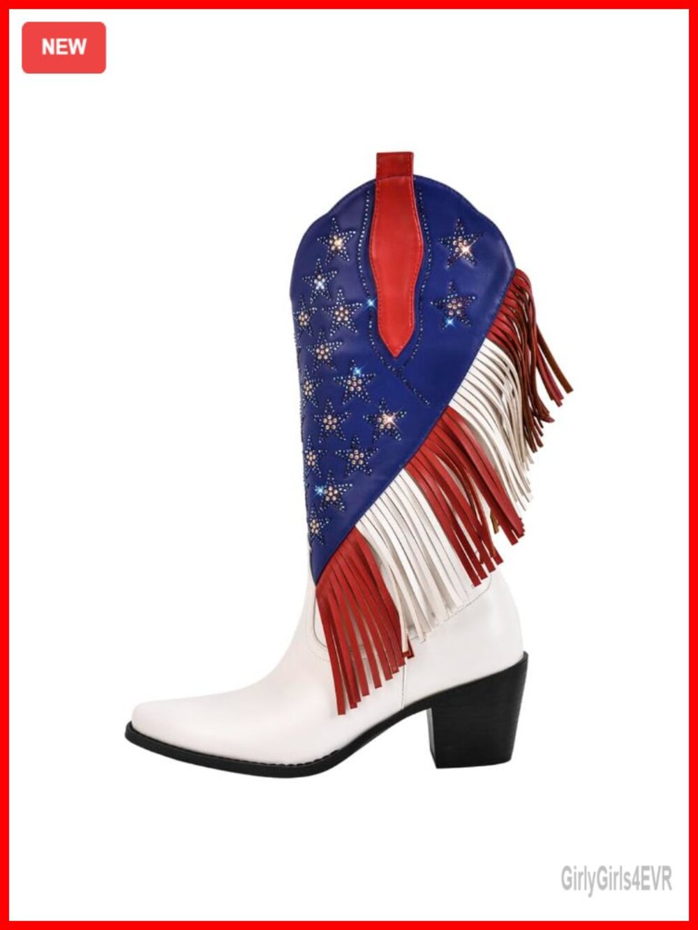LISHAN Cowgirl Mid Calf Booties Fringe Star Chunky Heel Vegan Western Boots